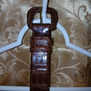 Donna Karan Croc-Embossed Brown Leather Belt with Gold Buckle